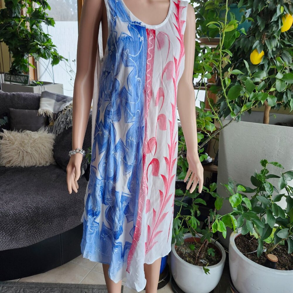 Patriotic Sleeveless Rayon Coverup By Ashley Taylor Red White & Blue, Size 1X
